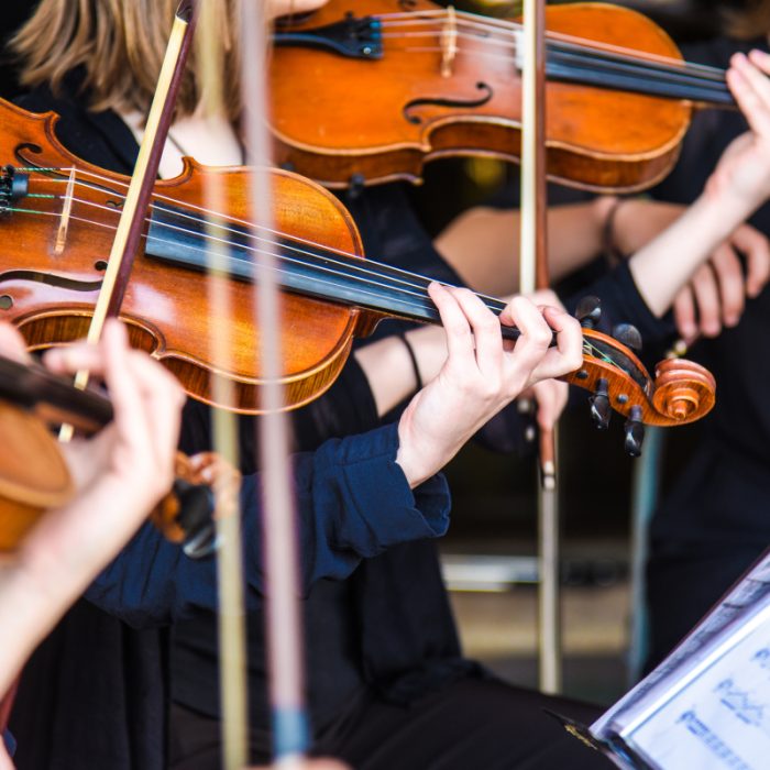 Violinsektionen spelar passionerat under en Symphony Sounds-konsert.