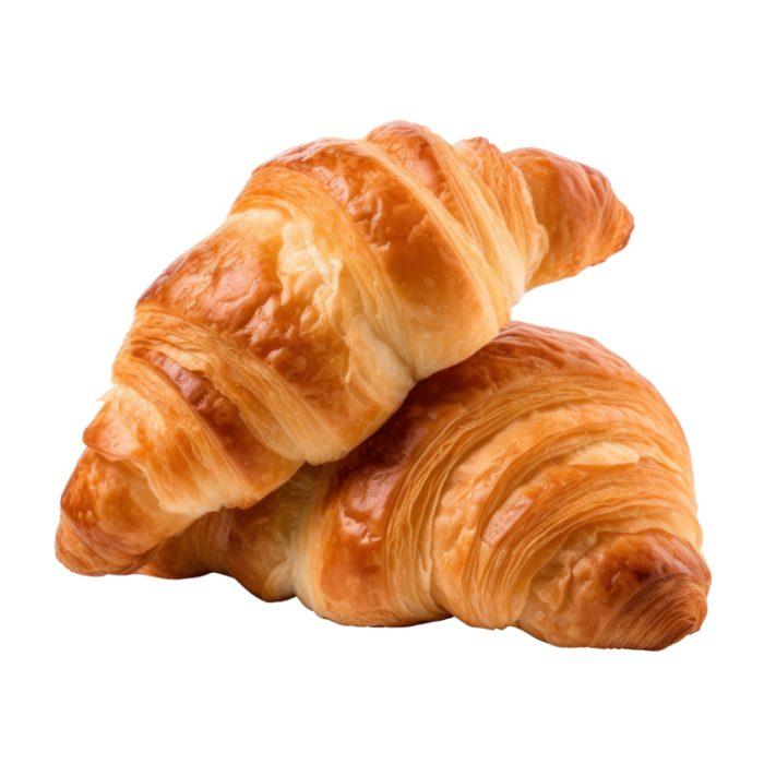 Två gyllene franska croissanter på vit bakgrund, perfekta för en smörig frukost.