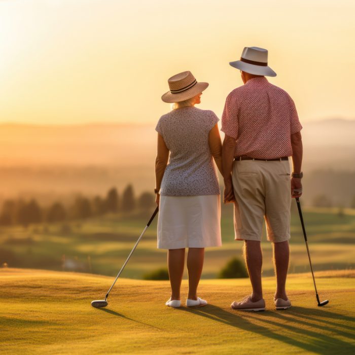 Äldre par står med golfklubbor och tittar på solnedgången över golfbanan.